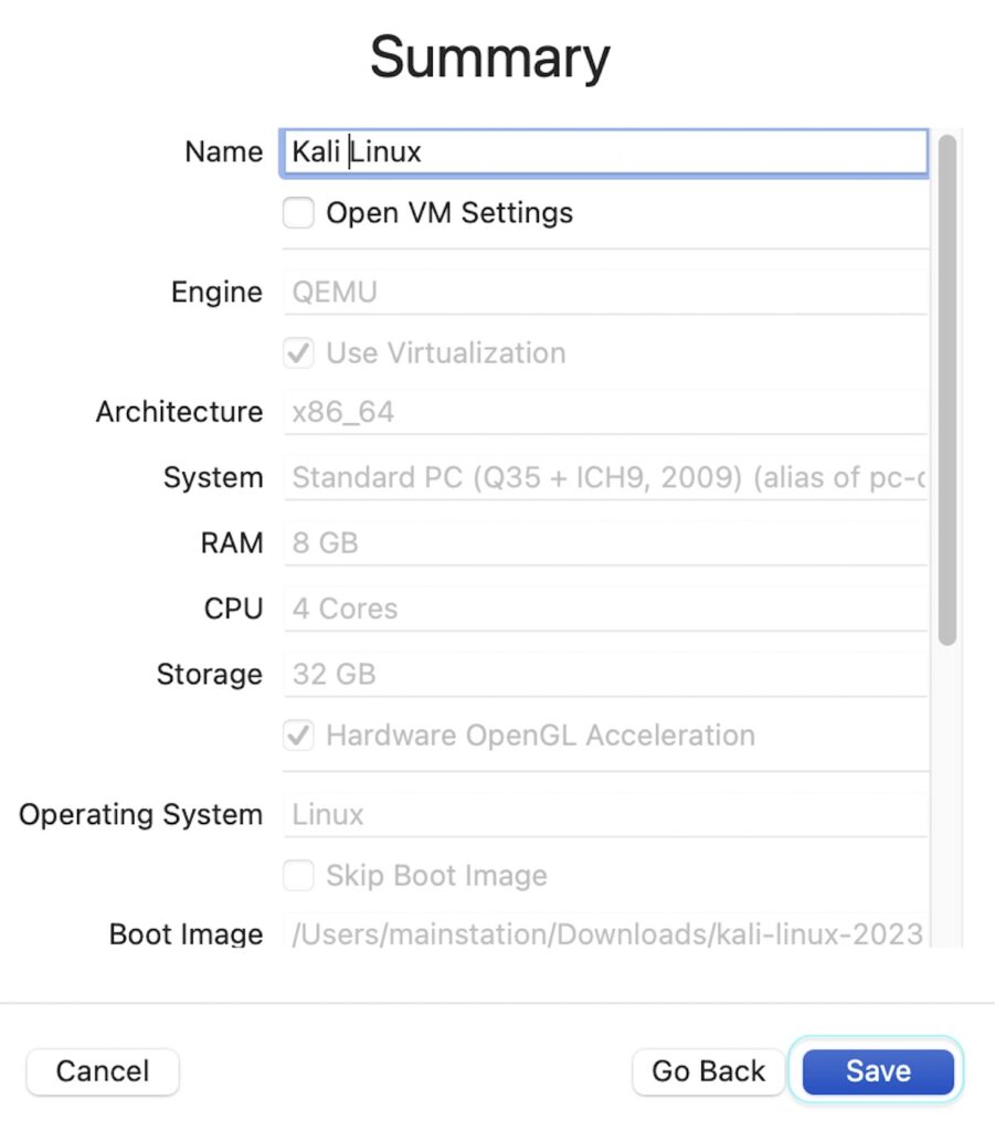 UTM VM installation summary window