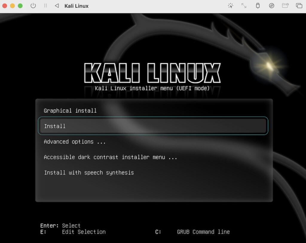 Kali Linux installation window asking to select preferred method of installation