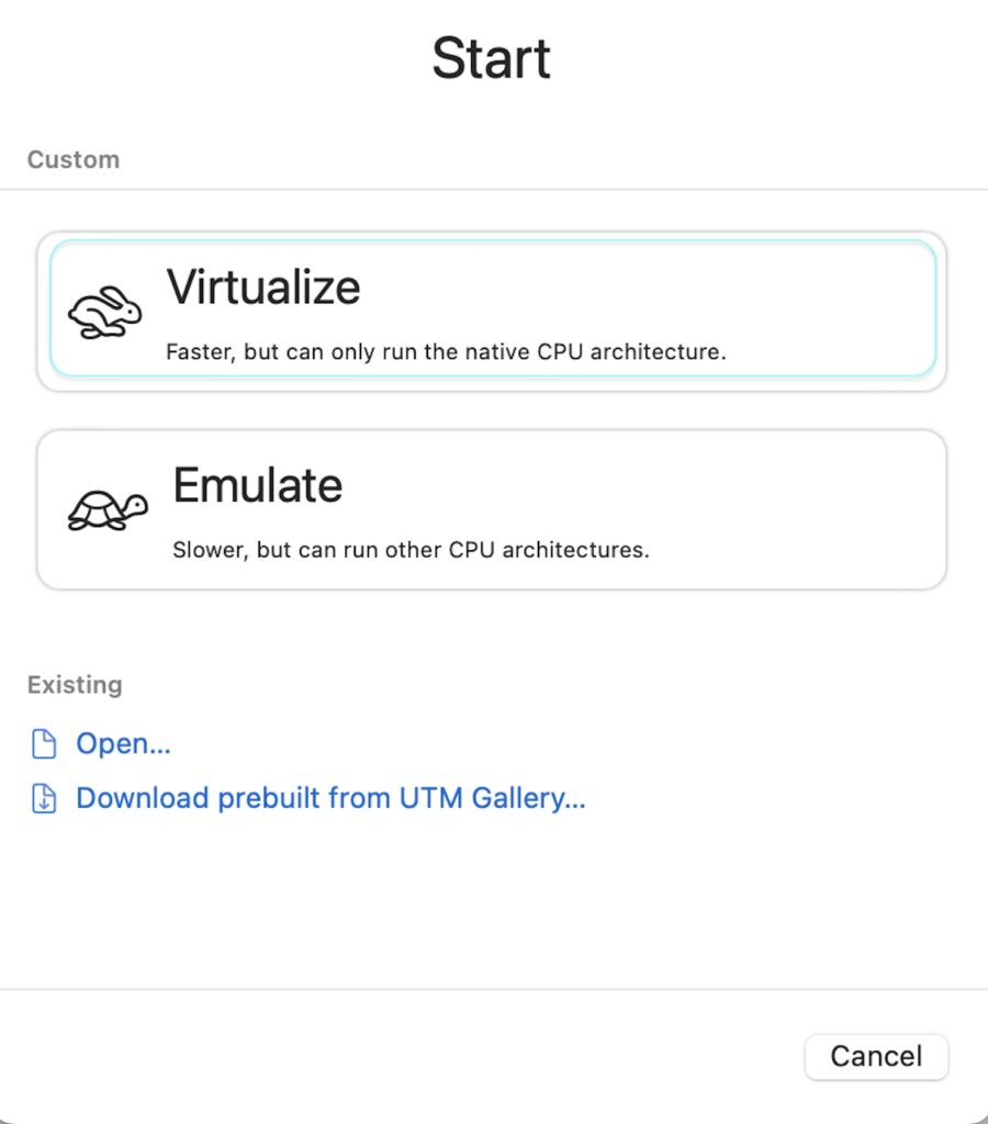 Start labeled window presenting an option called Virtualize