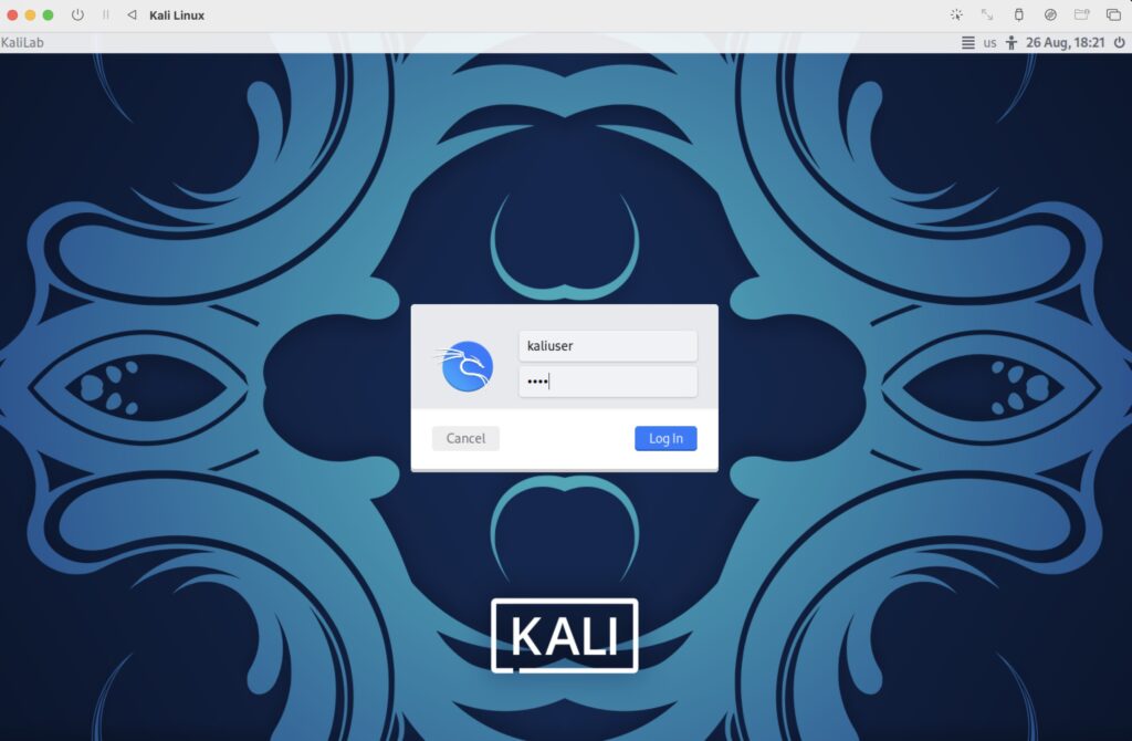 Kali Linux Login Window