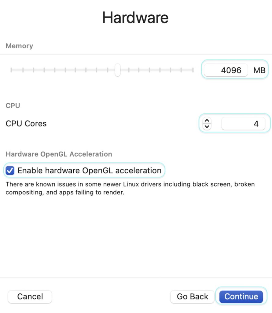 Selection window showing Memory and CPU Cores configurations